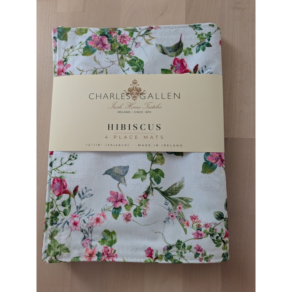 Charles Gallen Hibiscus Place Mats Set of 4 Irish Damask Floral 12x18